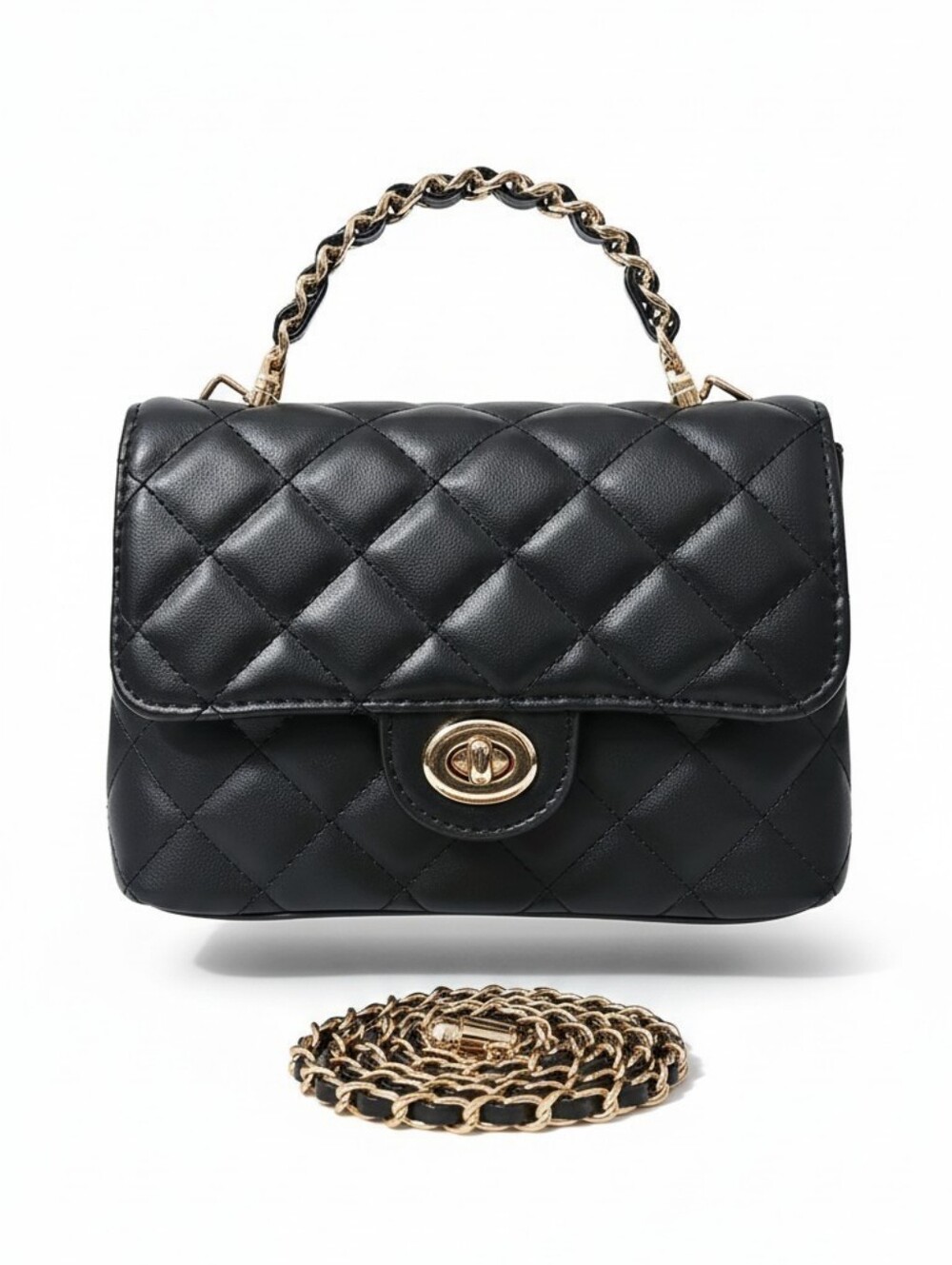 Sassified Boutique Nwt Classic Quilted Black Top-Handle Bag with Gold Chain